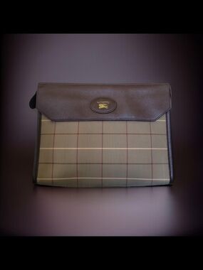 Vintage Burberry Brown Leather Trim Check Canvas Clutch Bag